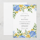 Invitation Mariage Botanique Enchanté Bleu Jaune (Devant / Derrière)