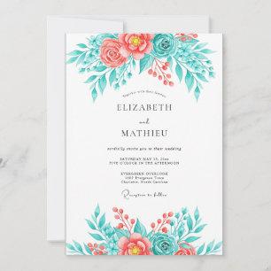 Invitation Mariage Botanique Ensoleillé au Corail de Teal