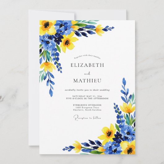 Invitation Mariage Botanique Ensoleillé Bleu de Cobalt (Devant)