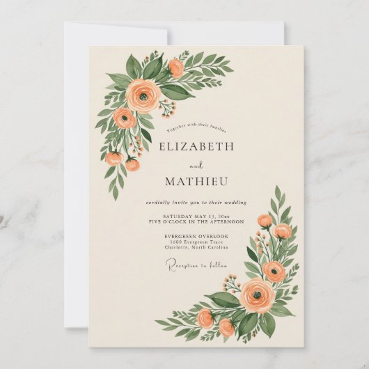 Invitation Mariage Botanique Envoûtant aux Pêches (Devant)
