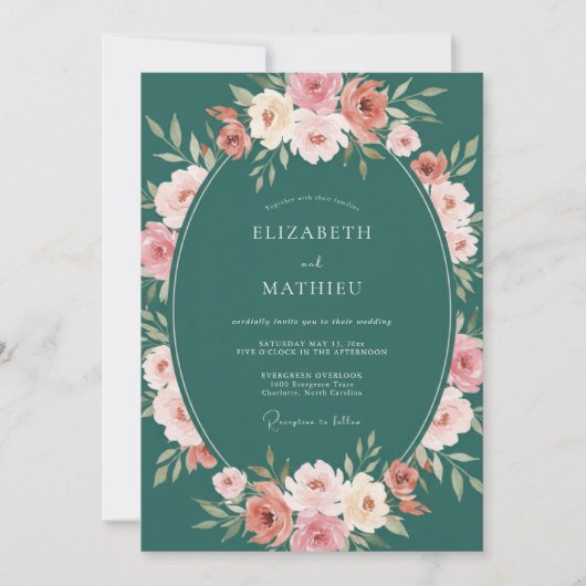 Invitation Mariage Botanique Envoûtant Vert Sarcelle (Devant)