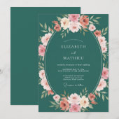 Invitation Mariage Botanique Envoûtant Vert Sarcelle (Devant / Derrière)