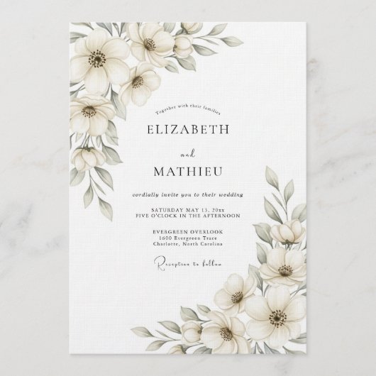 Invitation Mariage Botanique Éthéré à la Crème (Devant)