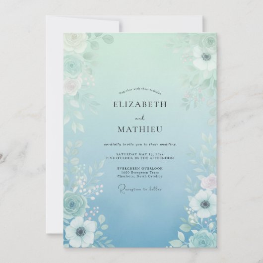 Invitation Mariage Botanique Éthéré Aqua (Devant)