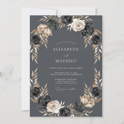 Invitation Mariage Botanique Éthéré au Charbon (Devant)