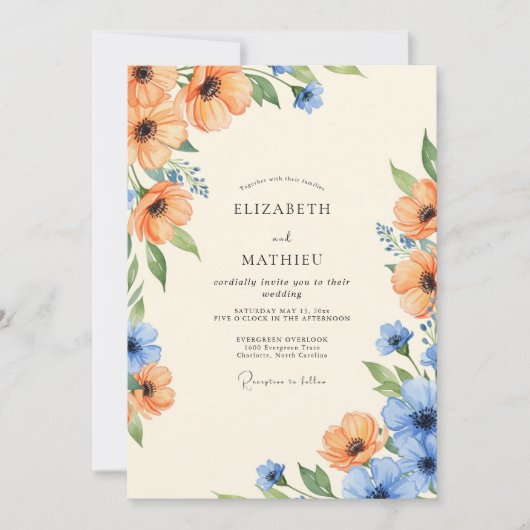 Invitation Mariage Botanique Ethéré Azure Orange (Devant)