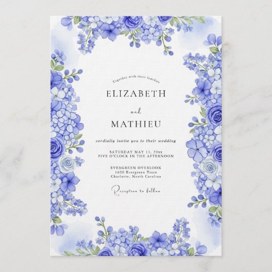 Invitation Mariage Botanique Éthéré Bleu (Devant)