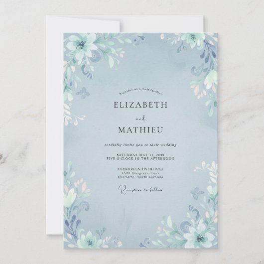 Invitation Mariage Botanique Éthéré Bleu Acier (Devant)