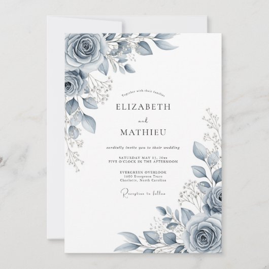 Invitation Mariage Botanique Éthéré Bleu Ardoise (Devant)