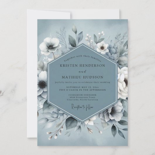 Invitation Mariage Botanique Éthéré Bleu Ardoise (Devant)