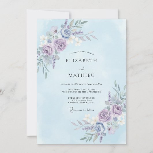 Invitation Mariage Botanique Éthéré Bleu Clair (Devant)