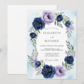 Invitation Mariage Botanique Éthéré Bleu Marine (Devant / Derrière)