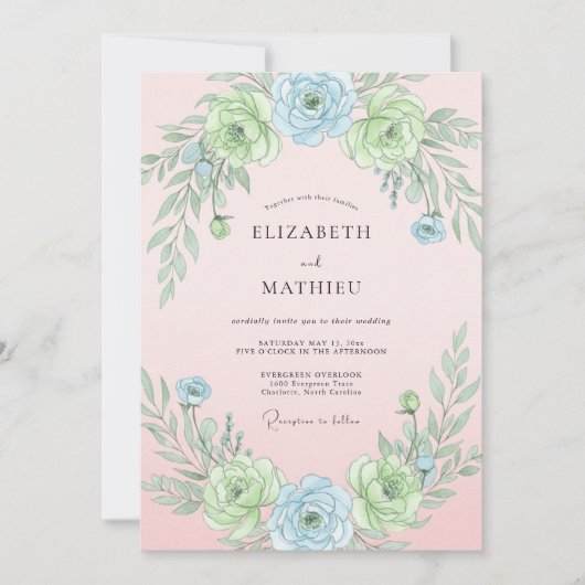 Invitation Mariage Botanique Éthéré Bleu Poudre (Devant)