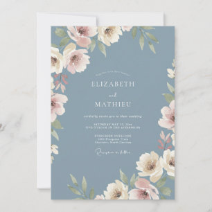 Invitation Mariage Botanique Éthéré Bleu Poussiéreux