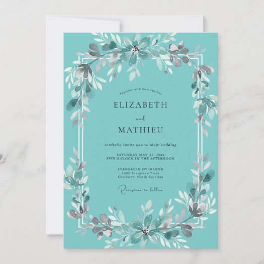 Invitation Mariage Botanique Éthéré Bleu-vert (Devant)