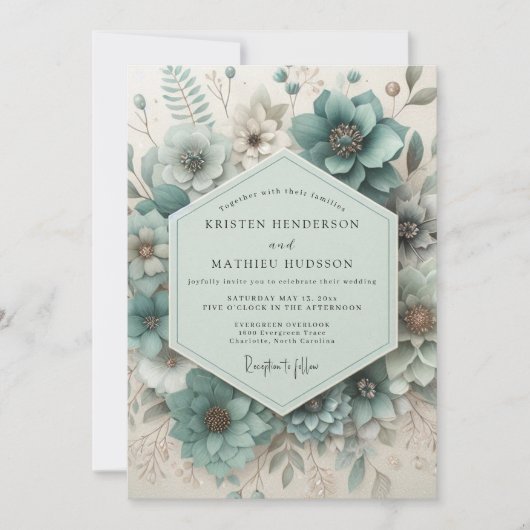Invitation Mariage Botanique Éthéré Bleu-vert (Devant)