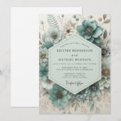 Invitation Mariage Botanique Éthéré Bleu-vert (Devant / Derrière)
