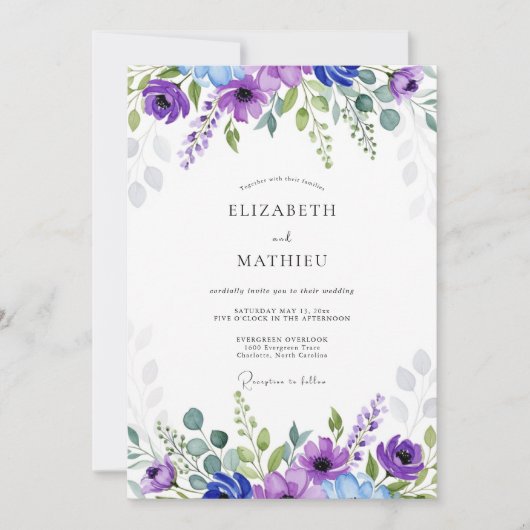 Invitation Mariage Botanique Éthéré Bleu Violet (Devant)