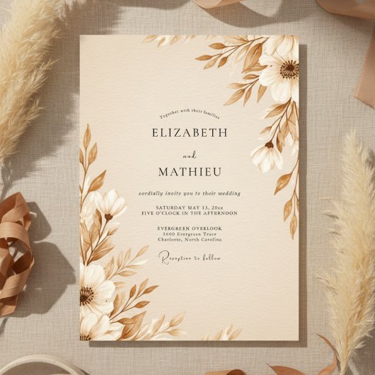 Invitation Mariage Botanique Éthéré Brun Clair