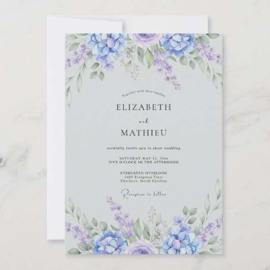 Invitation Mariage Botanique Éthéré Pervenche (Devant)