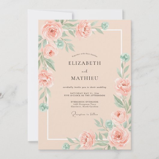 Invitation Mariage Botanique Éthéré Saumon (Devant)