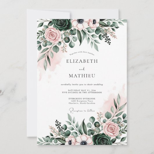 Invitation Mariage Botanique Éthéré Vert Émeraude (Devant)