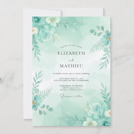 Invitation Mariage Botanique Éthéré Vert Mousse de Mer (Devant)