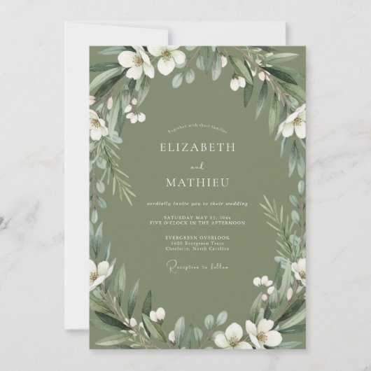 Invitation Mariage Botanique Éthéré Vert Olive (Devant)