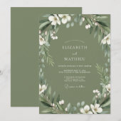 Invitation Mariage Botanique Éthéré Vert Olive (Devant / Derrière)