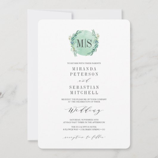 Invitation Mariage botanique Eucalyptus Monogram frais (Devant)