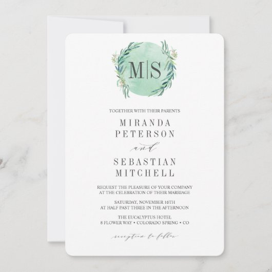Invitation Mariage botanique Eucalyptus Monogram frais (Devant)