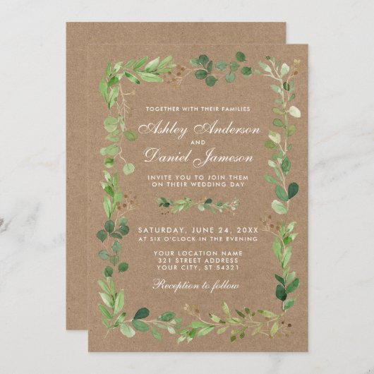 Invitation Mariage Botanique Eucalyptus Vert Kraft (Devant / Derrière)