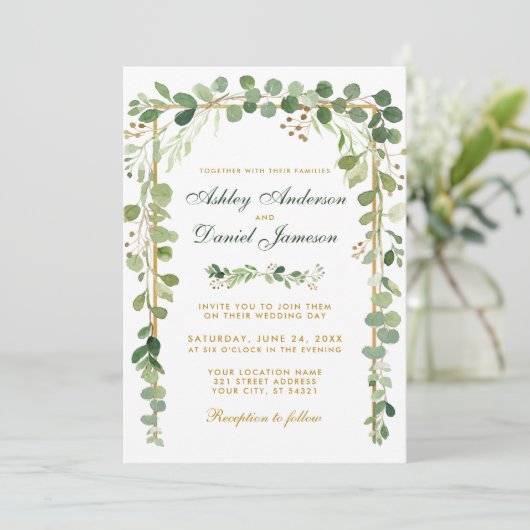 Invitation Mariage Botanique Eucalyptus Vert Or (Debout devant)