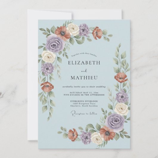 Invitation Mariage Botanique Exquis Bleu Clair (Devant)