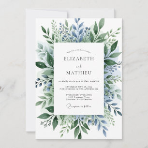 Invitation Mariage Botanique Exquis Bleu Poussiéreux