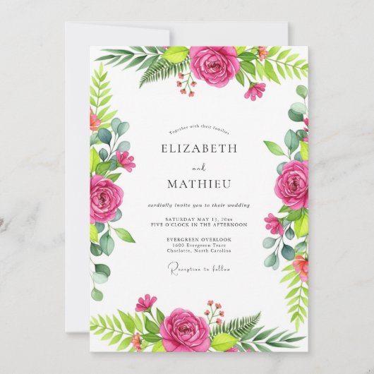Invitation Mariage Botanique Exubérant Rose Fuchsia (Devant)
