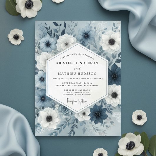 Invitation Mariage Botanique Fantaisie Bleu Ardoise