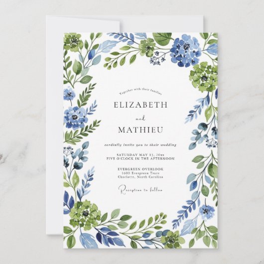 Invitation Mariage Botanique Fantaisiste Bleu Vert (Devant)