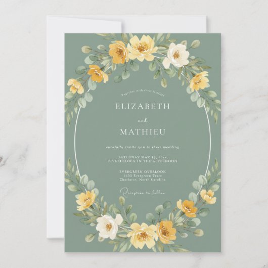 Invitation Mariage Botanique Fantaisiste Jaune Sauge (Devant)
