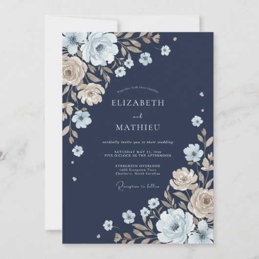 Invitation Mariage Botanique Fantaisiste Navy (Devant)