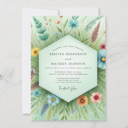 Invitation Mariage botanique fantaisiste sarcelle (Devant)