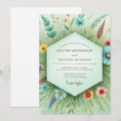 Invitation Mariage botanique fantaisiste sarcelle (Devant / Derrière)