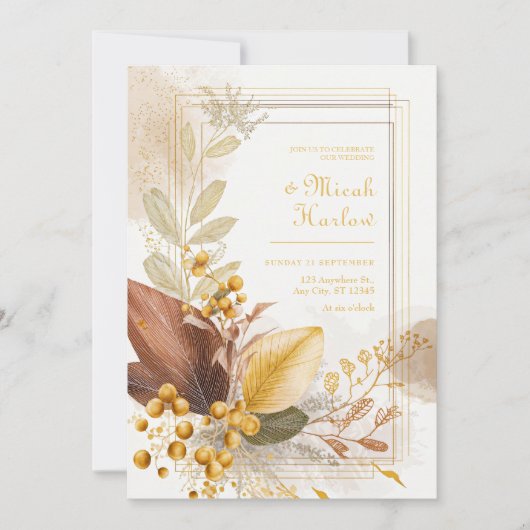 Invitation Mariage Botanique Feuille de Sienne Baie Dorée (Devant)