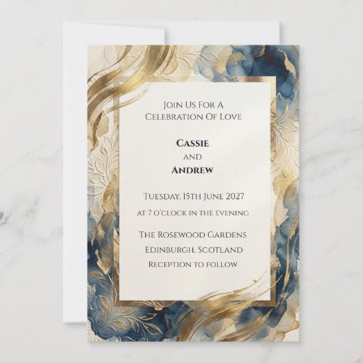 Invitation Mariage Botanique Feuille d'Or Bleu Sarcelle (Devant)