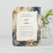 Invitation Mariage Botanique Feuille d'Or Bleu Sarcelle (Debout devant)