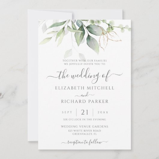 Invitation Mariage botanique Feuille Eucalyptus Green (Devant)