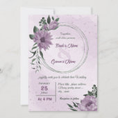 Invitation mariage botanique feuille fleurs violettes vert (Devant)