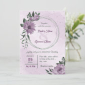Invitation mariage botanique feuille fleurs violettes vert (Debout devant)