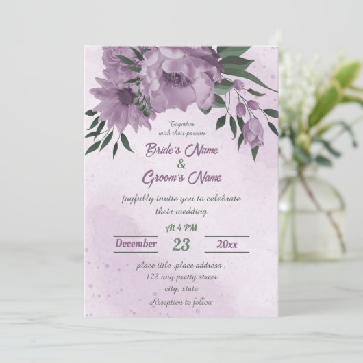 Invitation mariage botanique feuille fleurs violettes vert (Debout devant)