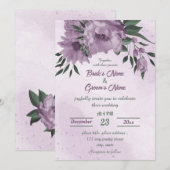 Invitation mariage botanique feuille fleurs violettes vert (Devant / Derrière)